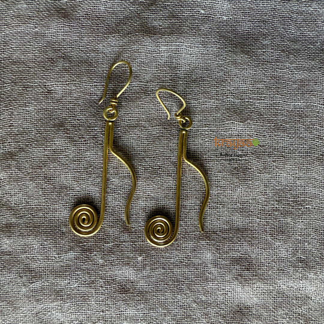 Brass beads long necklace in orange thread with earrings.