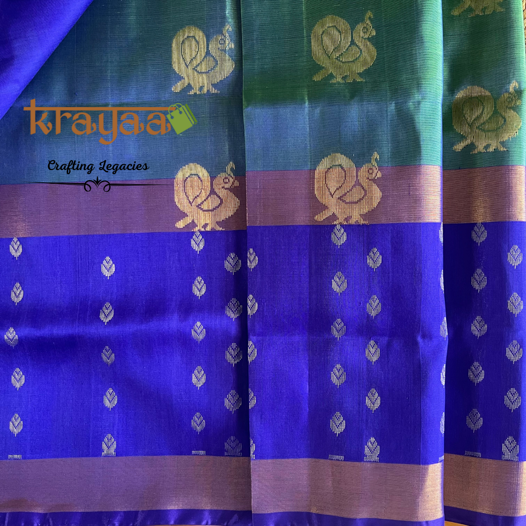 Handwoven - Uppada Silk Saree - Peacock green with blue border