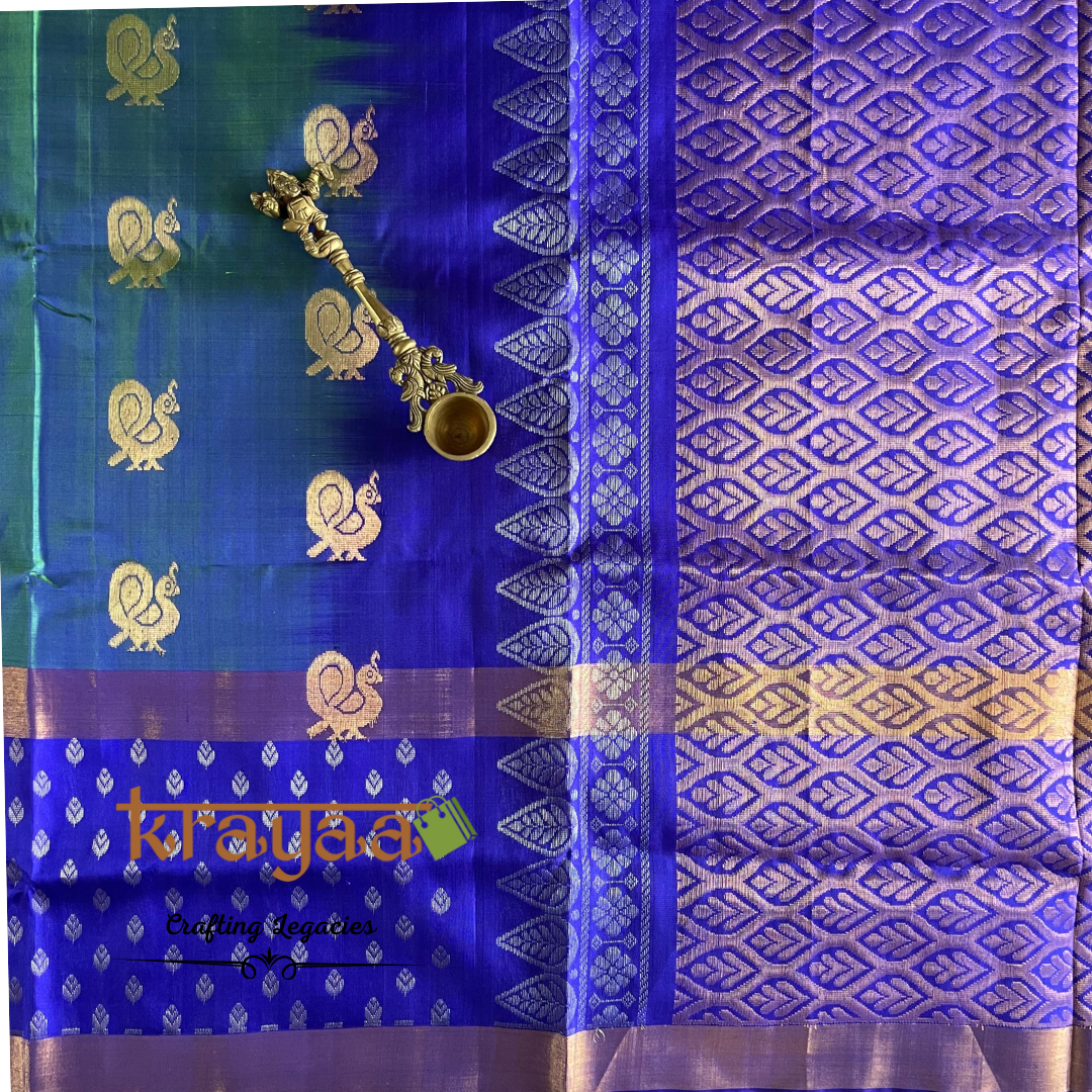 Handwoven - Uppada Silk Saree - Peacock green with blue border