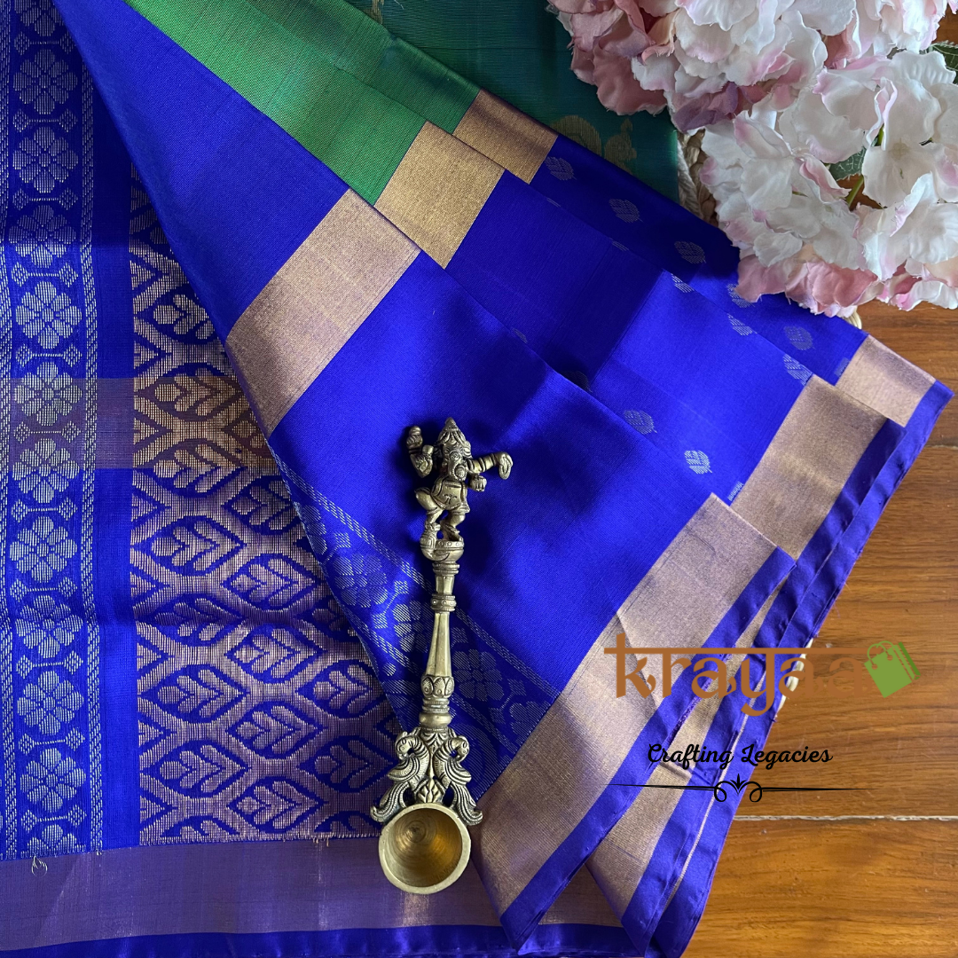 Handwoven - Uppada Silk Saree - Peacock green with blue border