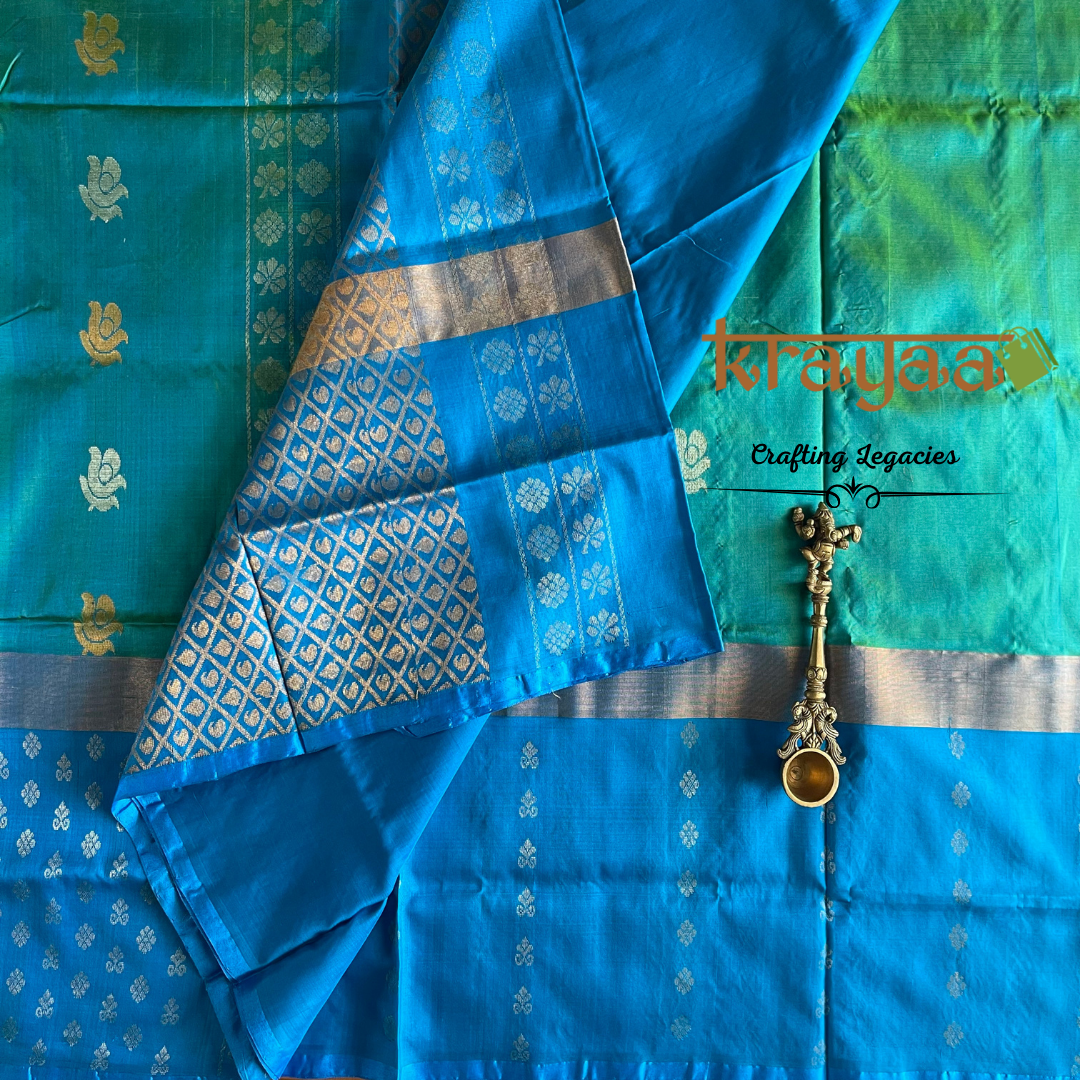 Handwoven - Uppada Silk Saree - Teal green with blue border