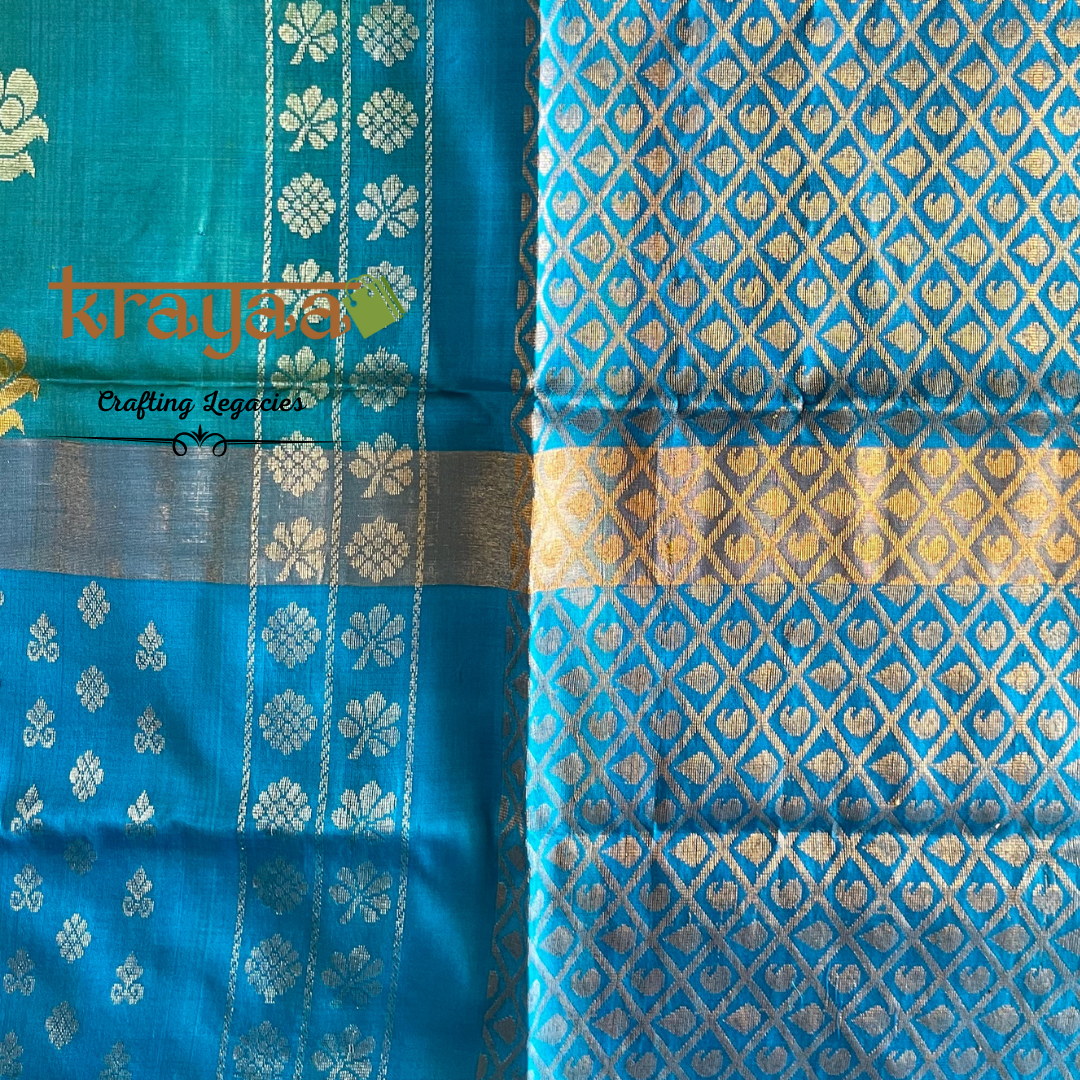 Handwoven - Uppada Silk Saree - Teal green with blue border