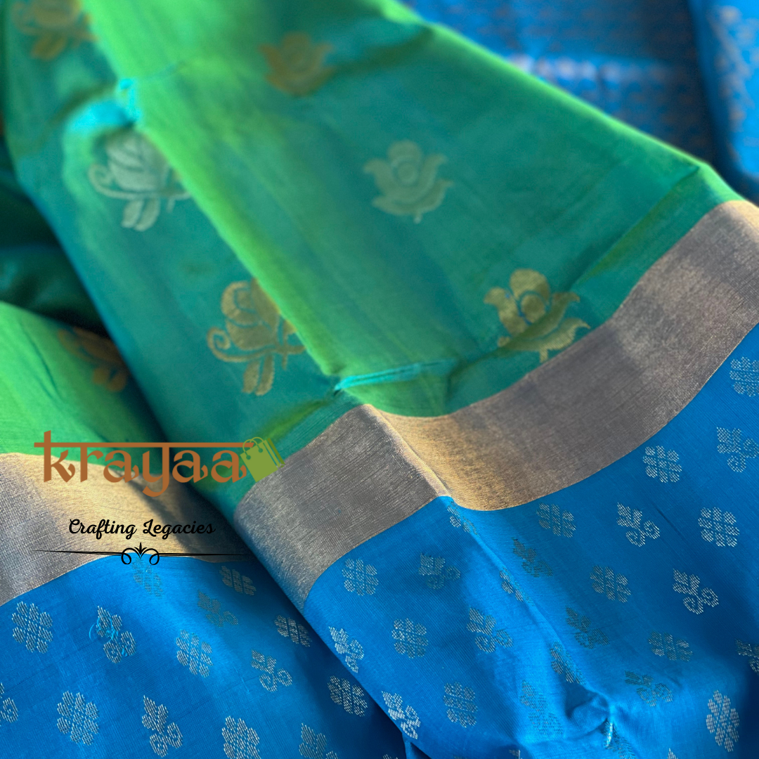 Handwoven - Uppada Silk Saree - Teal green with blue border