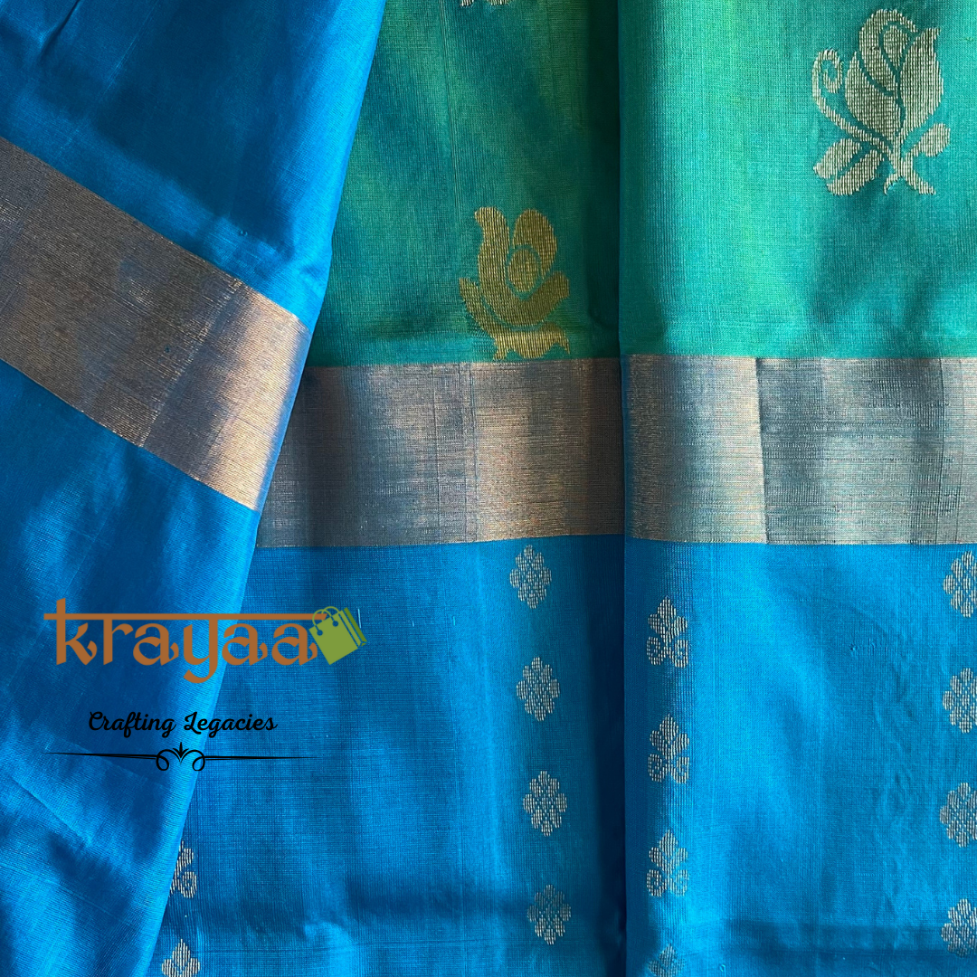 Handwoven - Uppada Silk Saree - Teal green with blue border