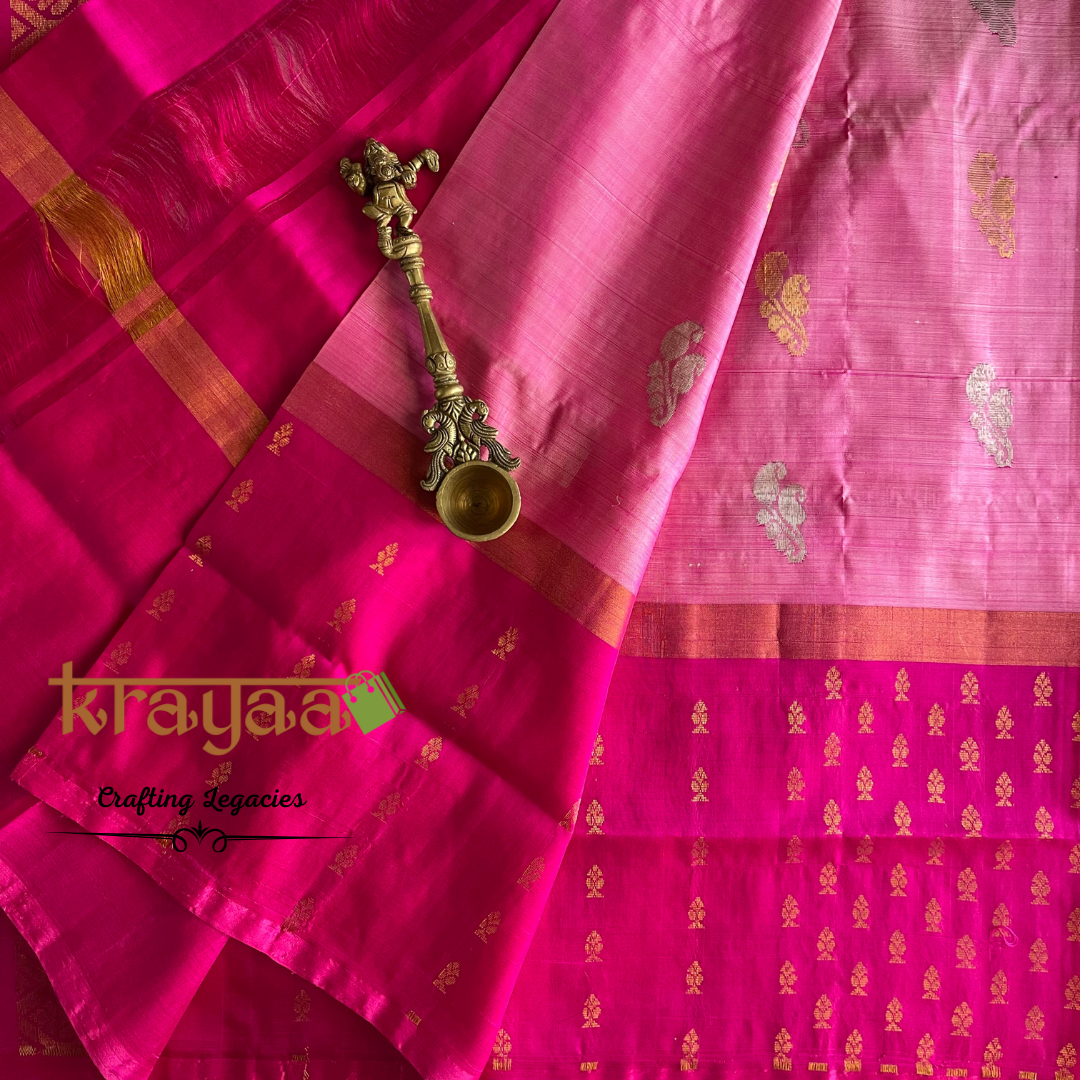 Handwoven - Uppada Silk Saree - Light pink with dark pink
