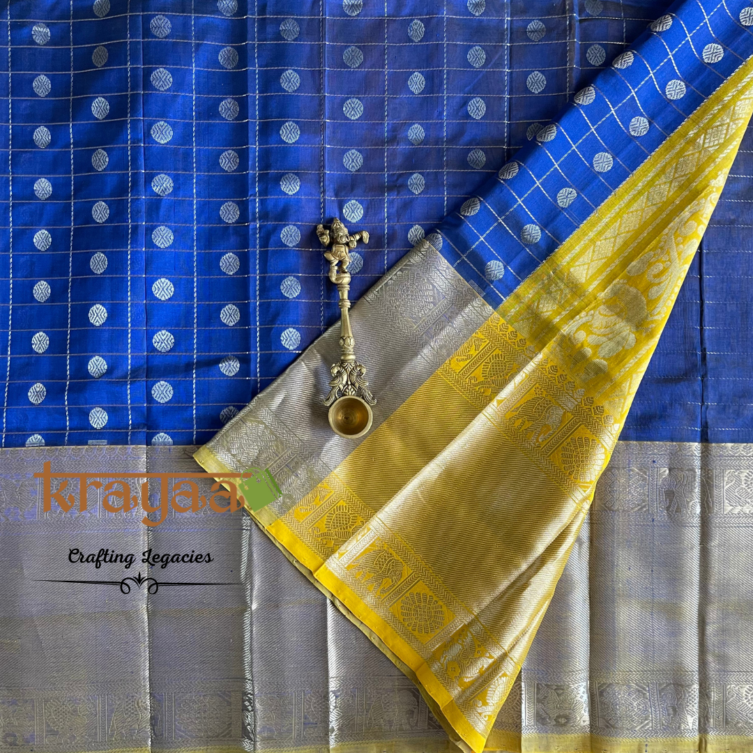 Handwoven - Kuppadam Silk Cotton Saree - Dark blue with yellow border