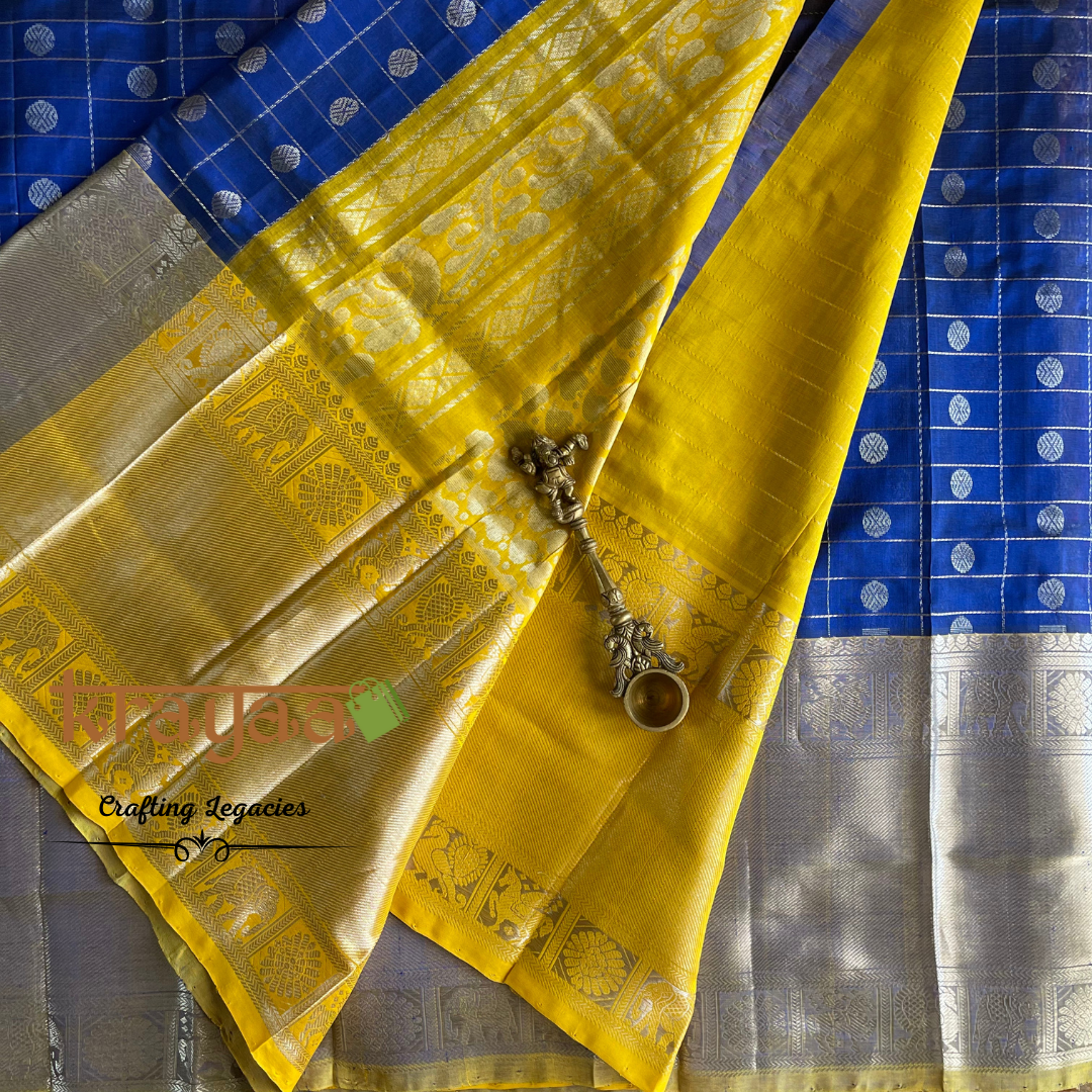 Handwoven - Kuppadam Silk Cotton Saree - Dark blue with yellow border