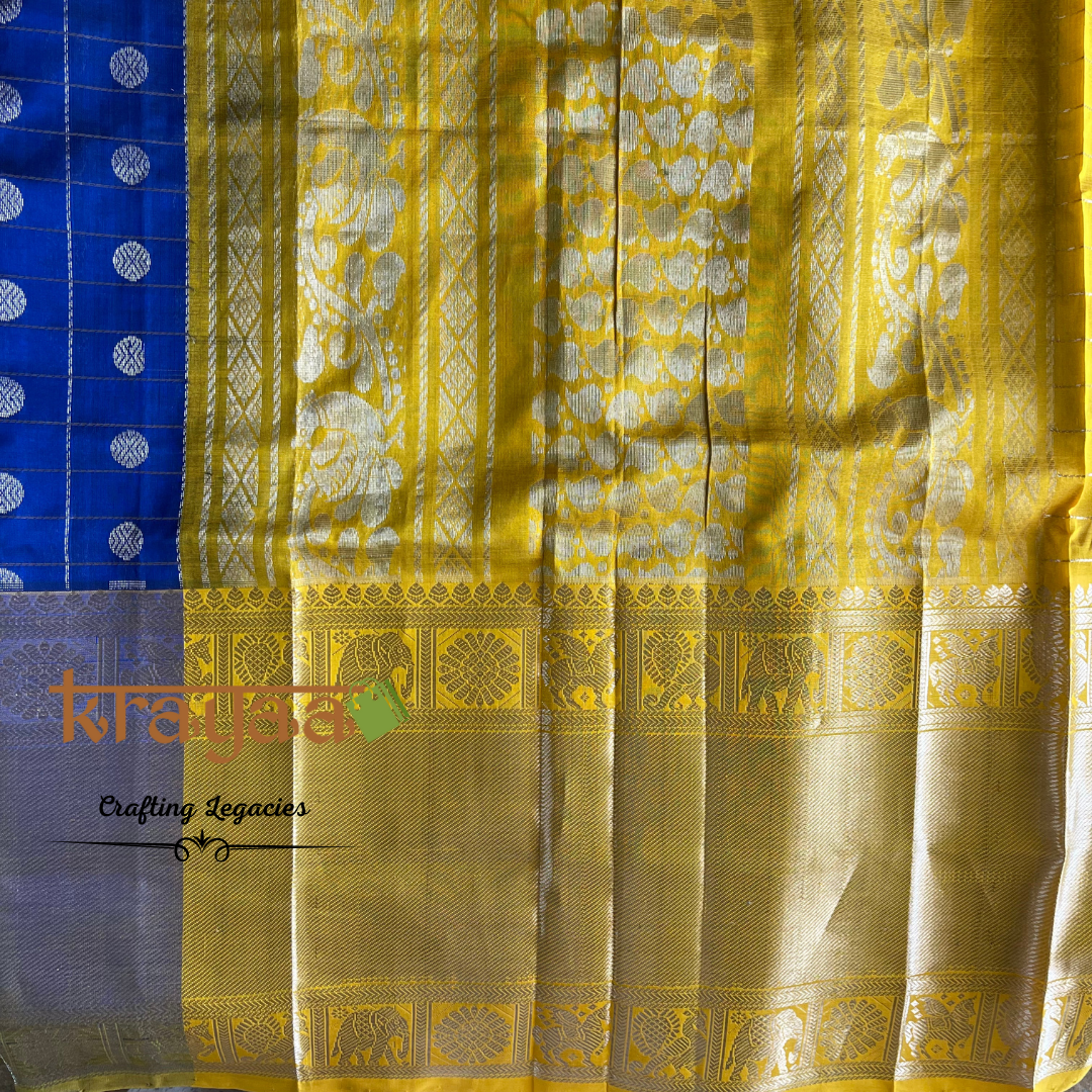 Handwoven - Kuppadam Silk Cotton Saree - Dark blue with yellow border