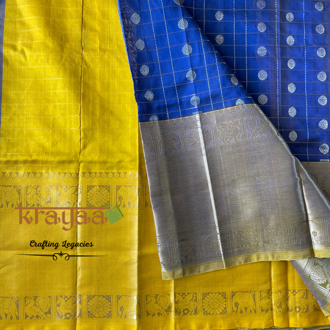 Handwoven - Kuppadam Silk Cotton Saree - Dark blue with yellow border
