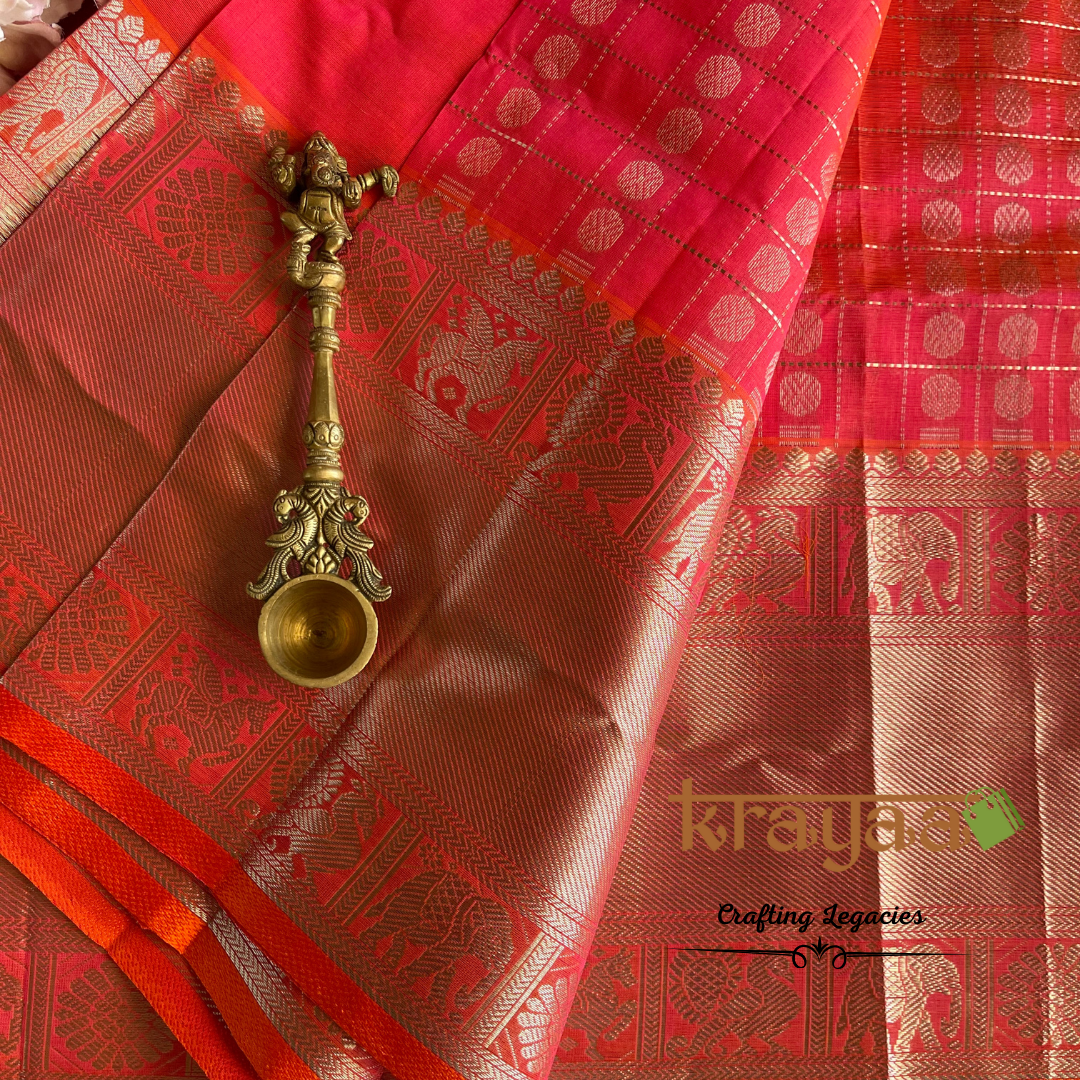 Handwoven - Kuppadam Silk Cotton Saree - Fuchisia