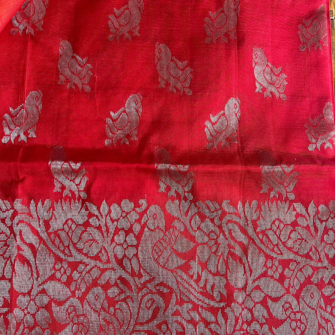 Handwoven - Kuppadam Silk Cotton Saree - Red and Yellow