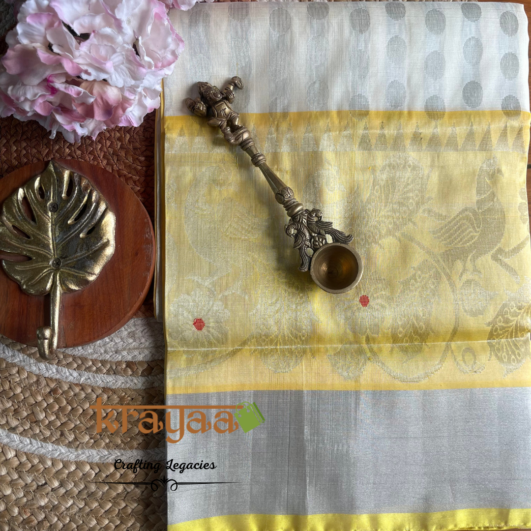 Handwoven - Uppada Silk Saree - White with yellow border