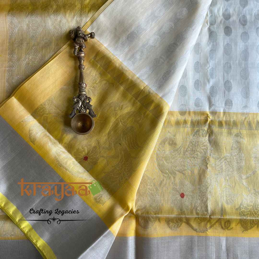Handwoven - Uppada Silk Saree - White with yellow border