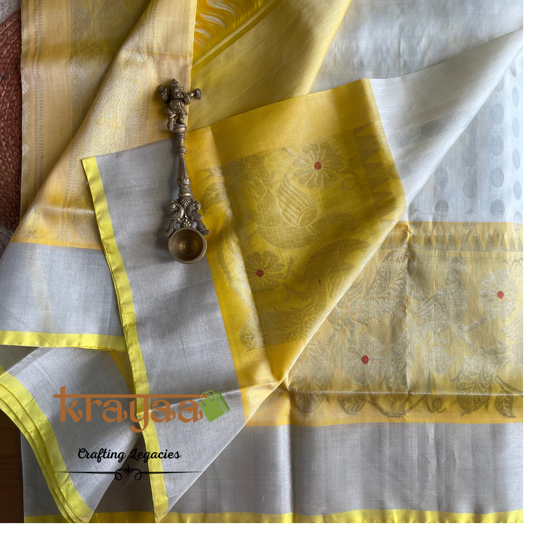 Handwoven - Uppada Silk Saree - White with yellow border