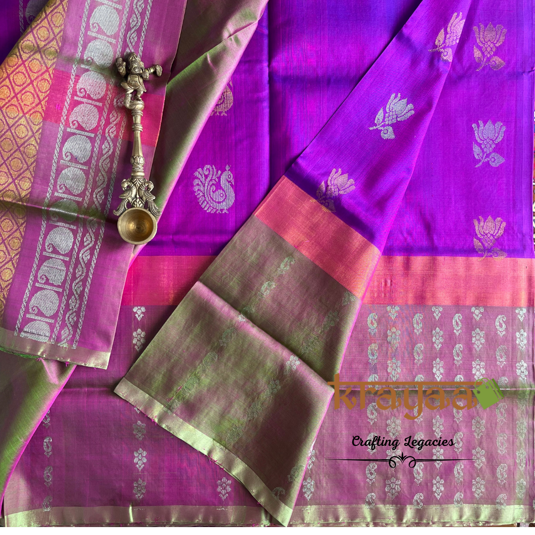 Handwoven - Uppada Silk Saree - Purple with moss green border