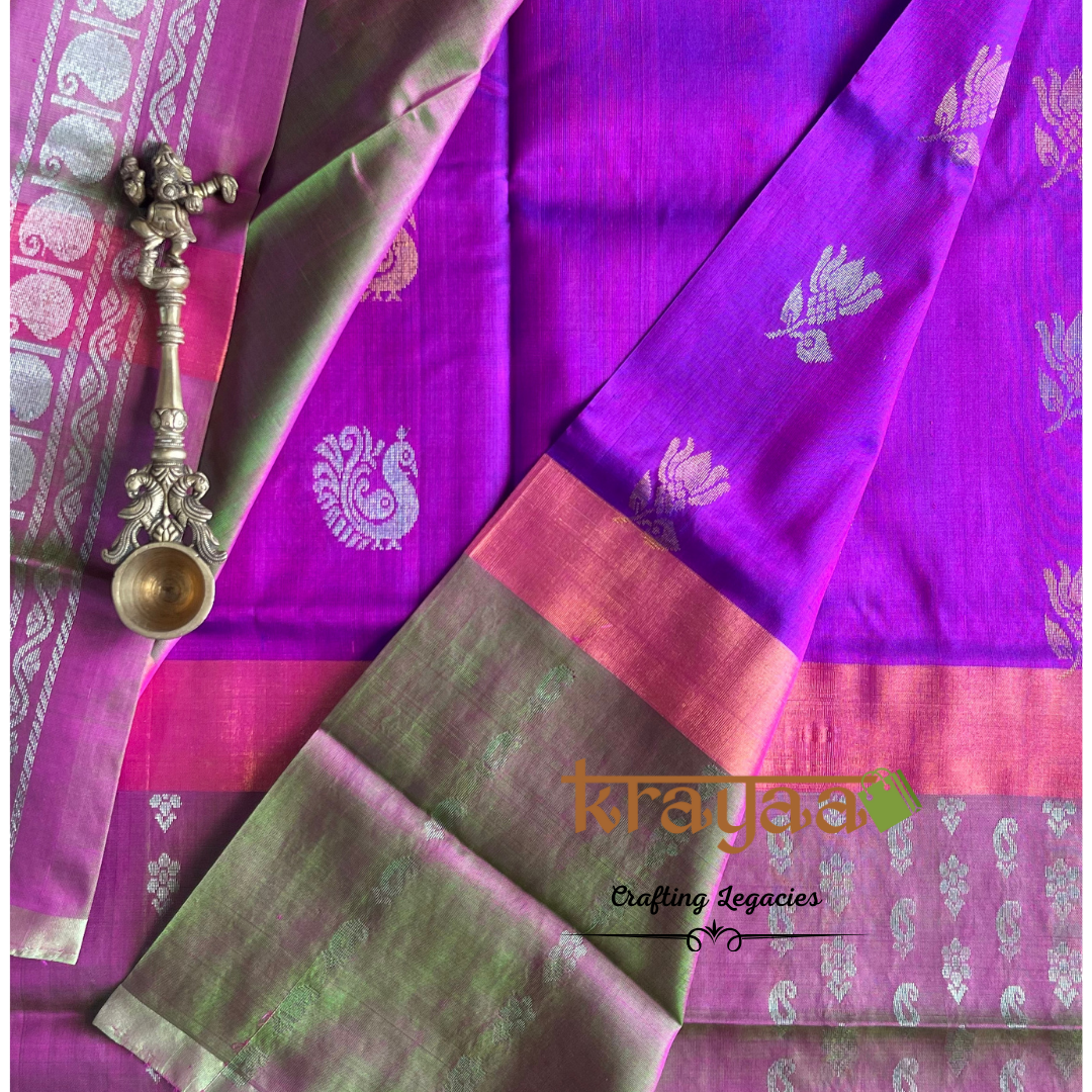 Handwoven - Uppada Silk Saree - Purple with moss green border