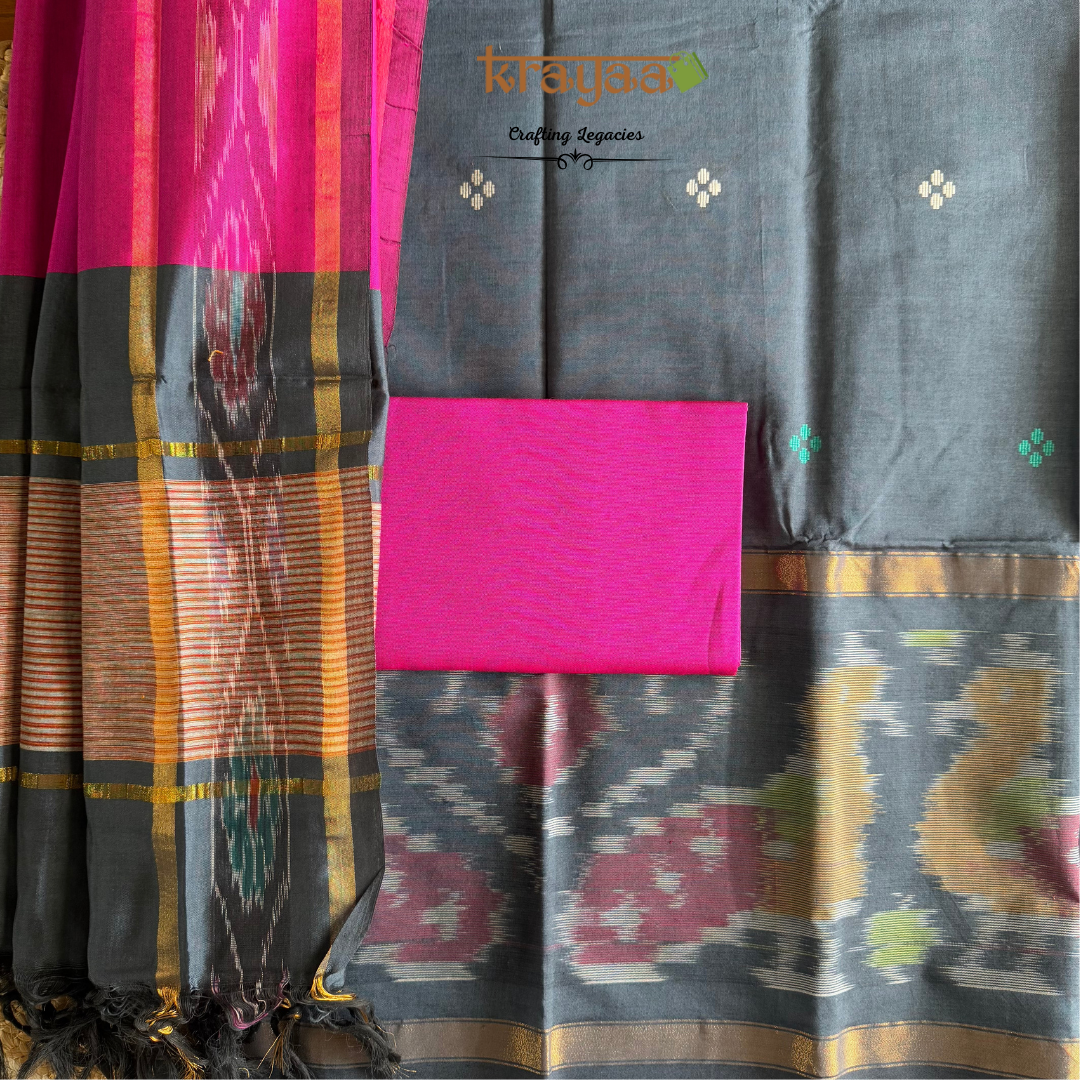 Black and Pink Mangalagiri Silk Cotton Dress Material Set