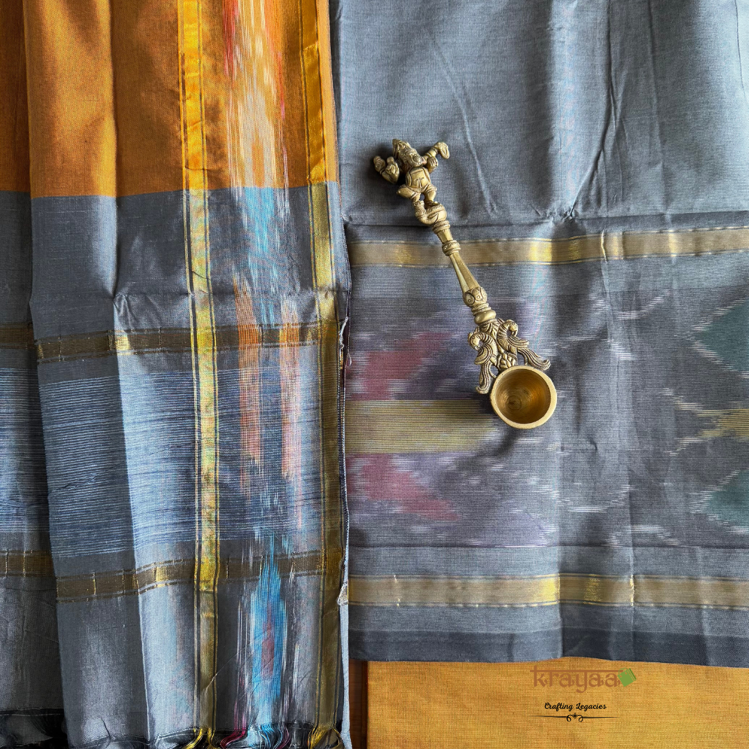 Grey and Mustard Mangalagiri Silk Cotton Dress Material Set