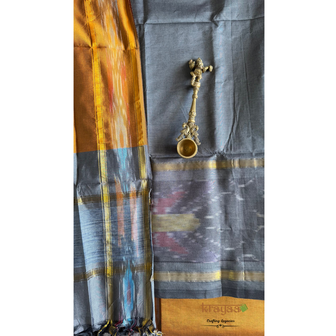 Grey and Mustard Mangalagiri Silk Cotton Dress Material Set