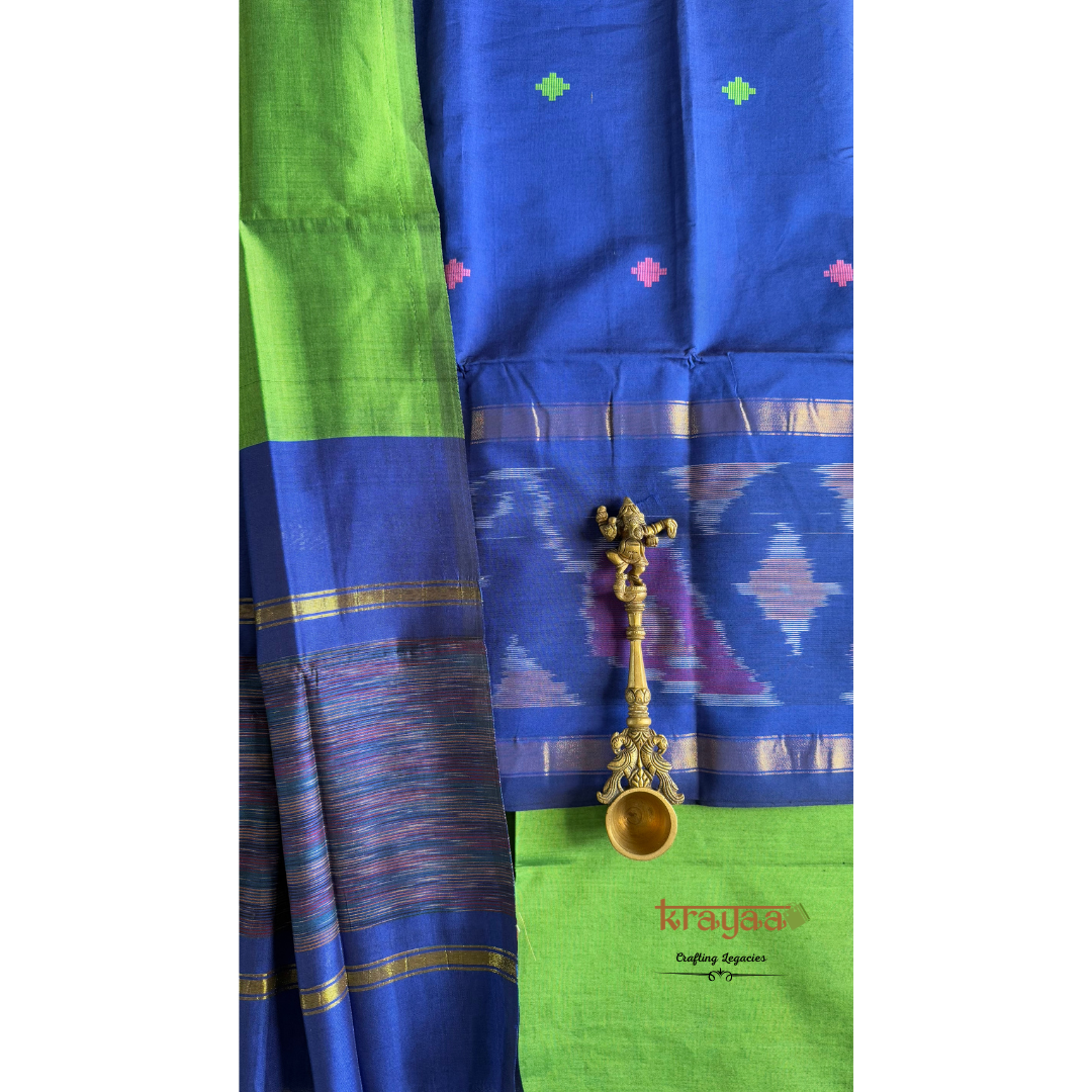 Blue and Green Silk Cotton Dress Material Set