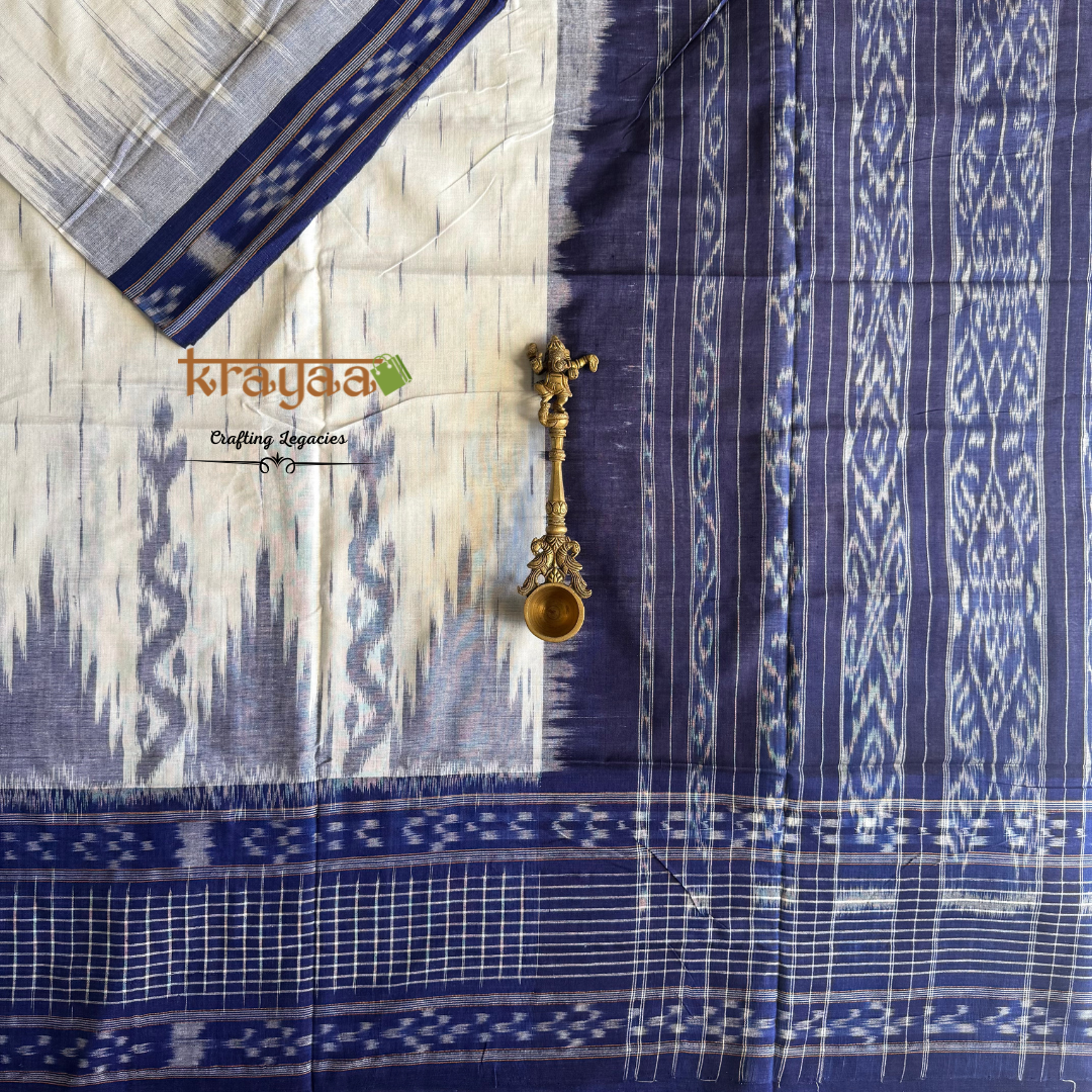 White with blue border handwoven Ikkat cotton saree from Odisha
