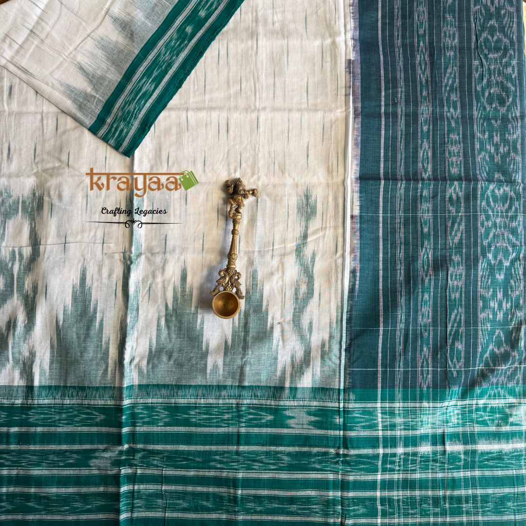 White with green border Handwoven Ikkat cotton saree from Odisha