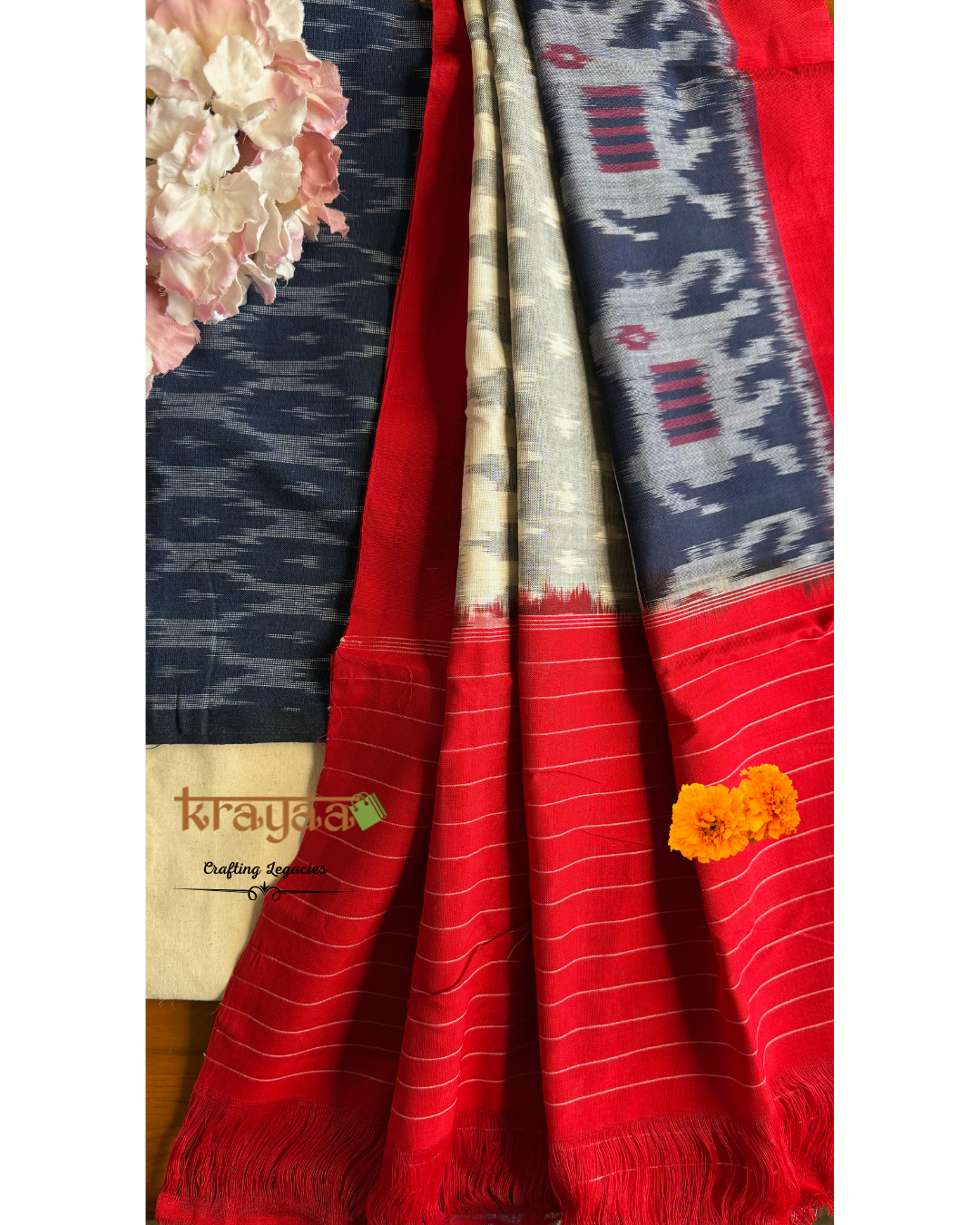 Blue Ikkat top with Grey and Red Dupatta -Cotton Dress Material Set