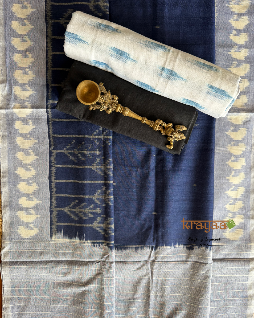 White Ikkat top with Blue with Light Blue Dupatta - Cotton Dress Material Set