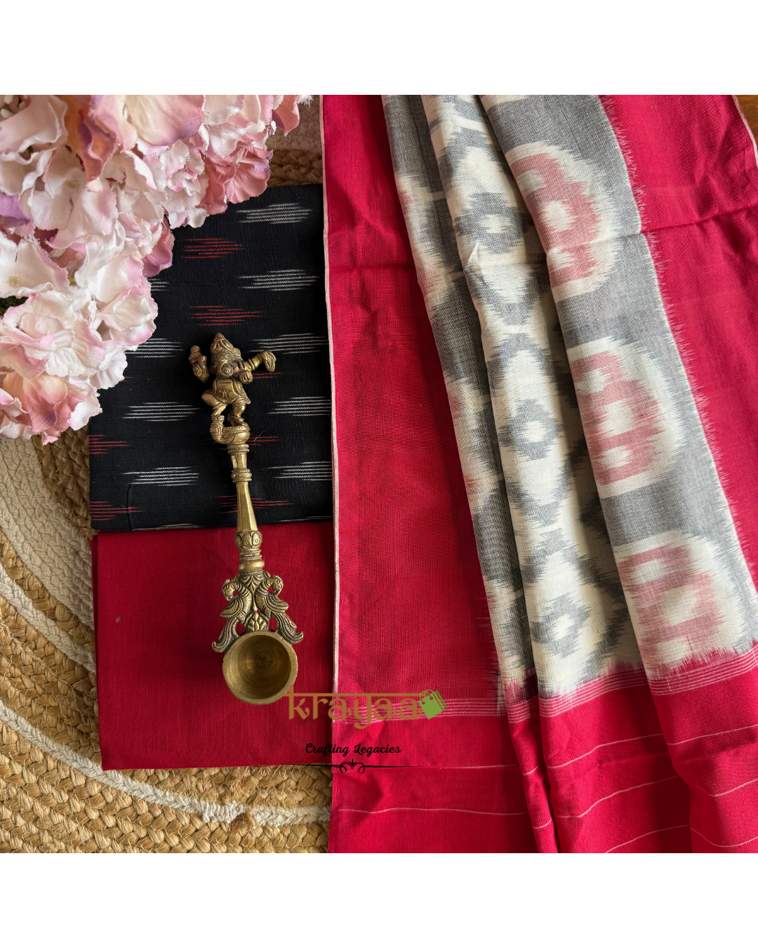 Black Ikkat top with Grey and Red Dupatta - Cotton Dress Material Set