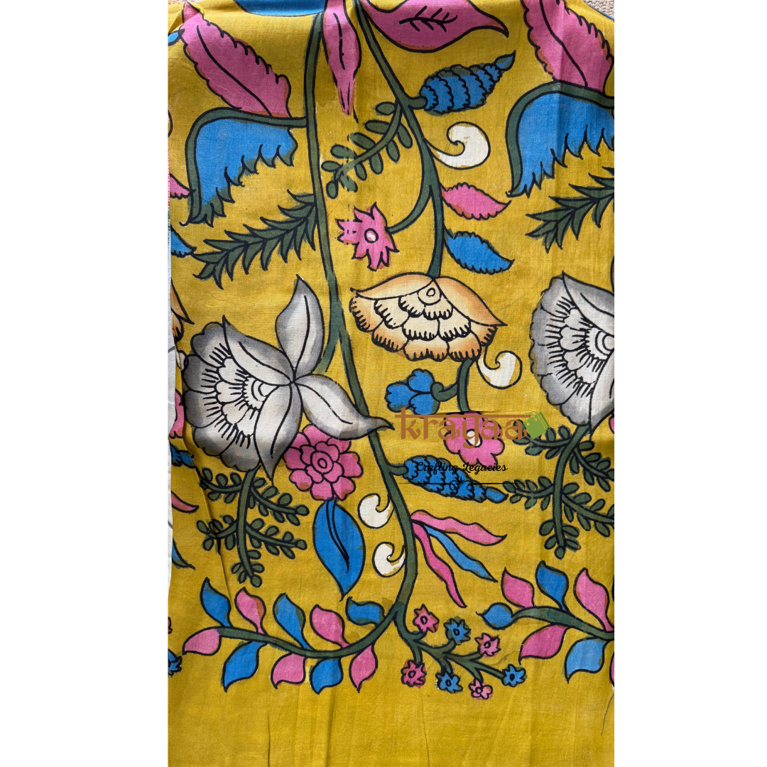 Pen Kalamkari Chanderi Silk Blouse Fabric On Mustard Yellow Base