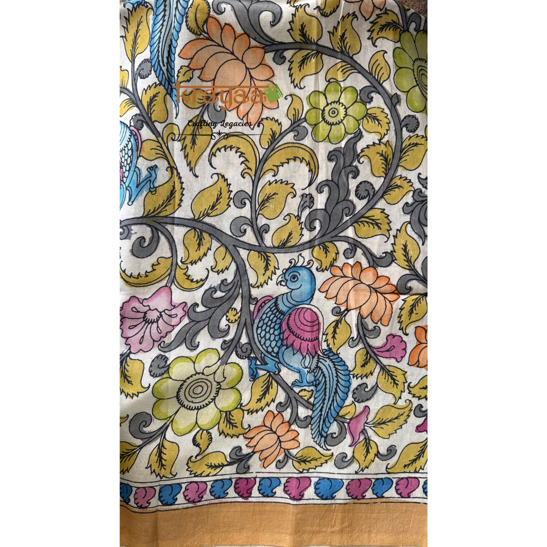 Pen Kalamkari Chanderi Silk Blouse Fabric On Offwhite Base