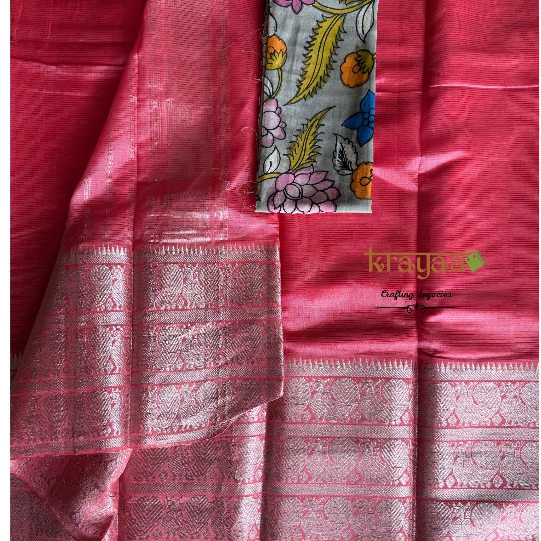 Kankambaram Pink Mangalagiri Silk Cotton Saree With Kanchi Border
