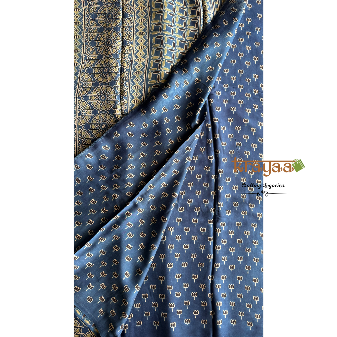 Black And Blue - Handcrafted -Half n Half Modal Silk Saree With Ajrakh Handblock Prints.