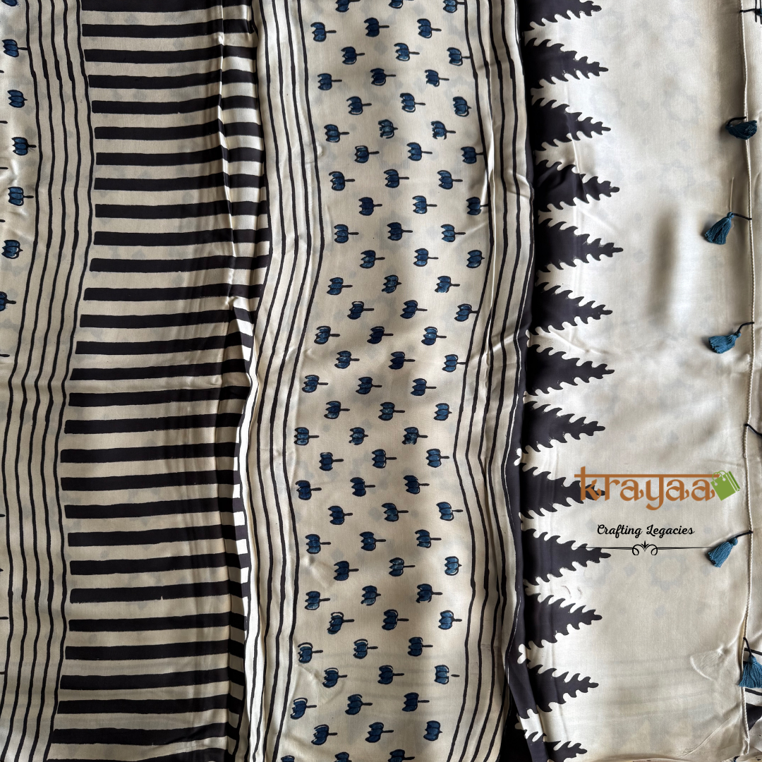 Offwhite Dandelion Prints Handcrafted - Modal Silk Saree With Ajrakh Handblock Prints.