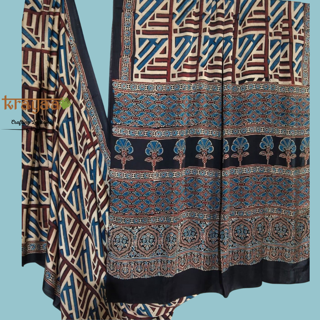 Multi Colour Geometric Prints - Handcrafted - Modal Silk Saree With Ajrakh Handblock Prints.