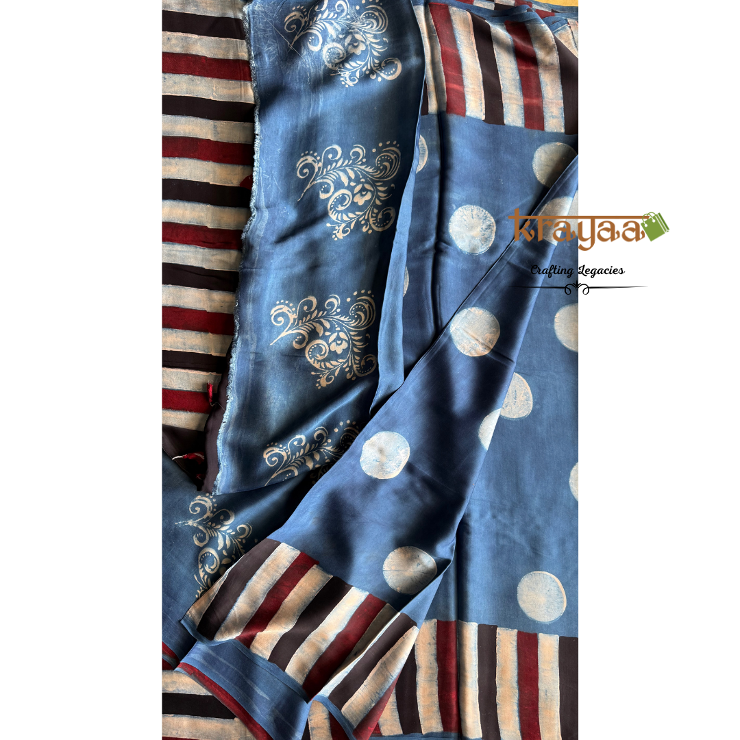 Blue - Dots And Stripes Prints - Hand crafted - Modal Silk Saree With Ajrakh Handblock prints.