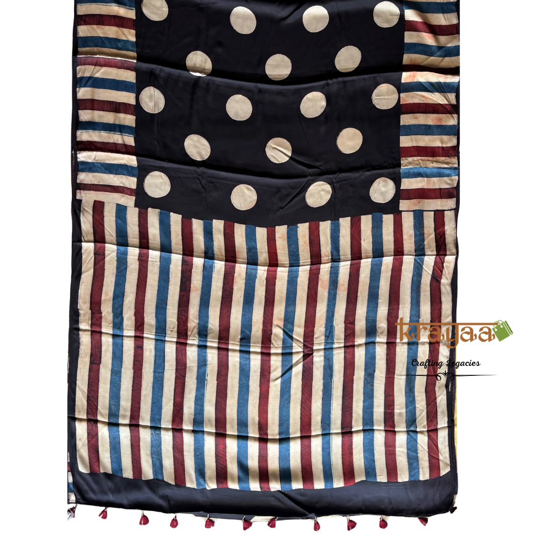 Black - Dots And Stripes Prints - Handcrafted - Modal Silk Saree With Ajrakh Handblock Prints.