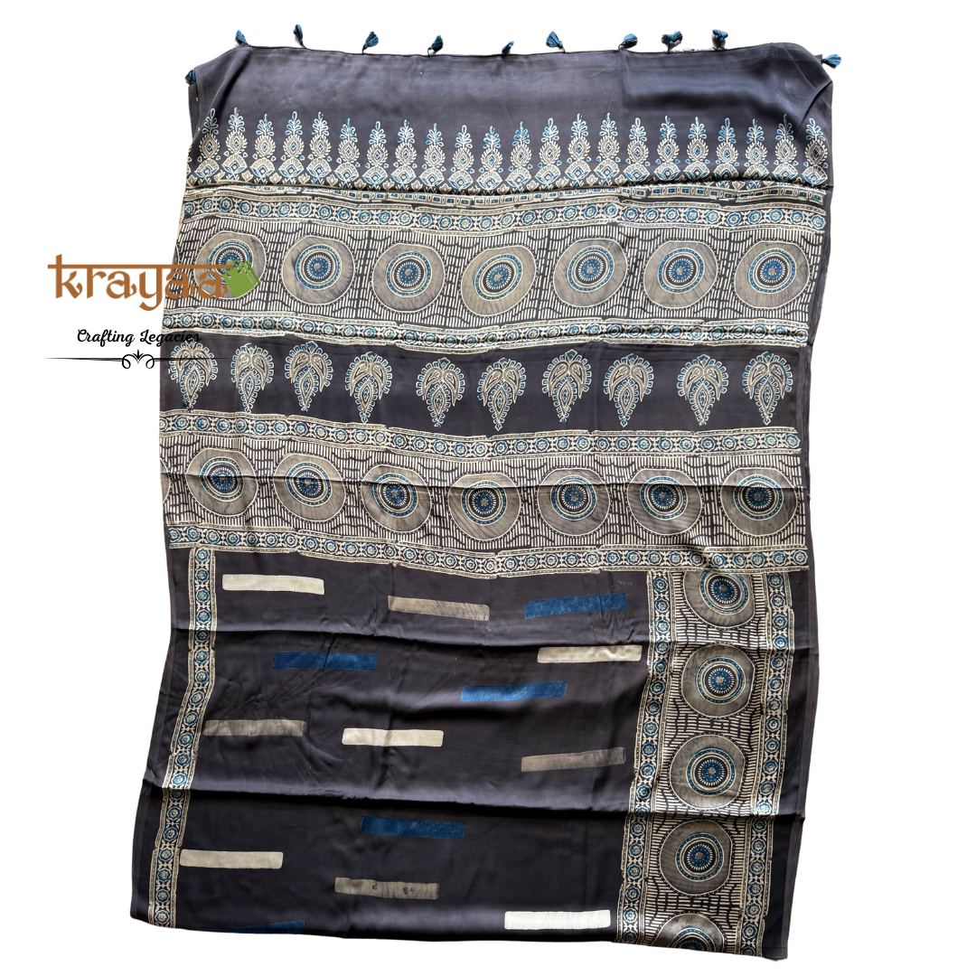 Black - Stripes And Mandala Prints - Handcrafted - Modal Silk Saree With Ajrakh Handblock Prints.