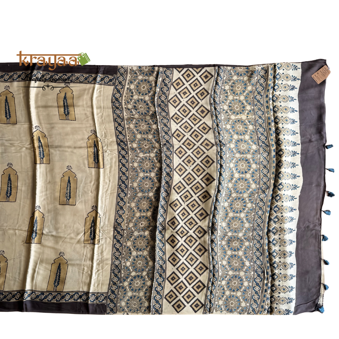 Beige - Jharokha Prints - Handcrafted - Modal Silk Saree With Ajrakh Handblock Prints.