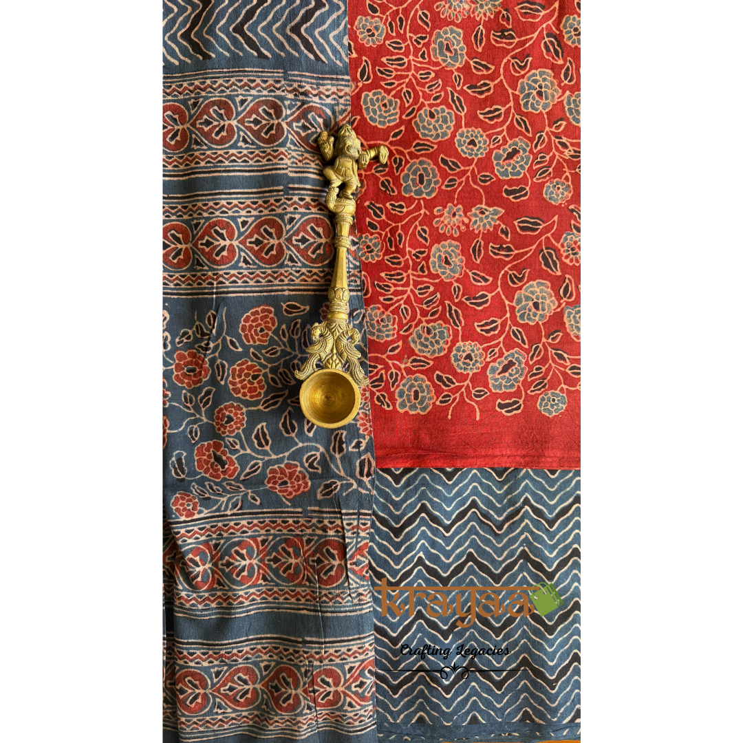 Red Natural Dyed Ajrakh Handblock Print - Unstitched Suit Set With Dupatta