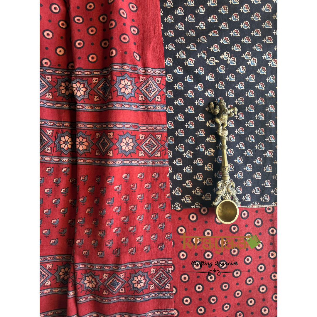 Black Natural Dyed Ajrakh Handblock Print - Unstitched Suit Set With Dupatta