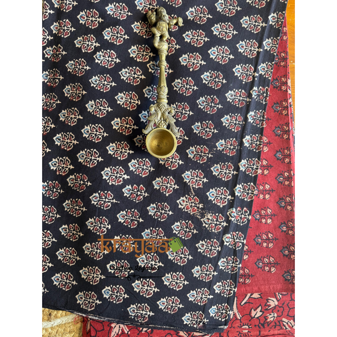 Black Natural Dyed Ajrakh Handblock Print - Unstitched Suit Set With Dupatta