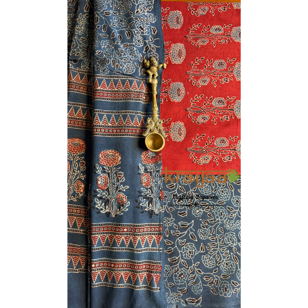 Red Natural Dyed Ajrakh Handblock Print - Unstitched Suit Set With Dupatta