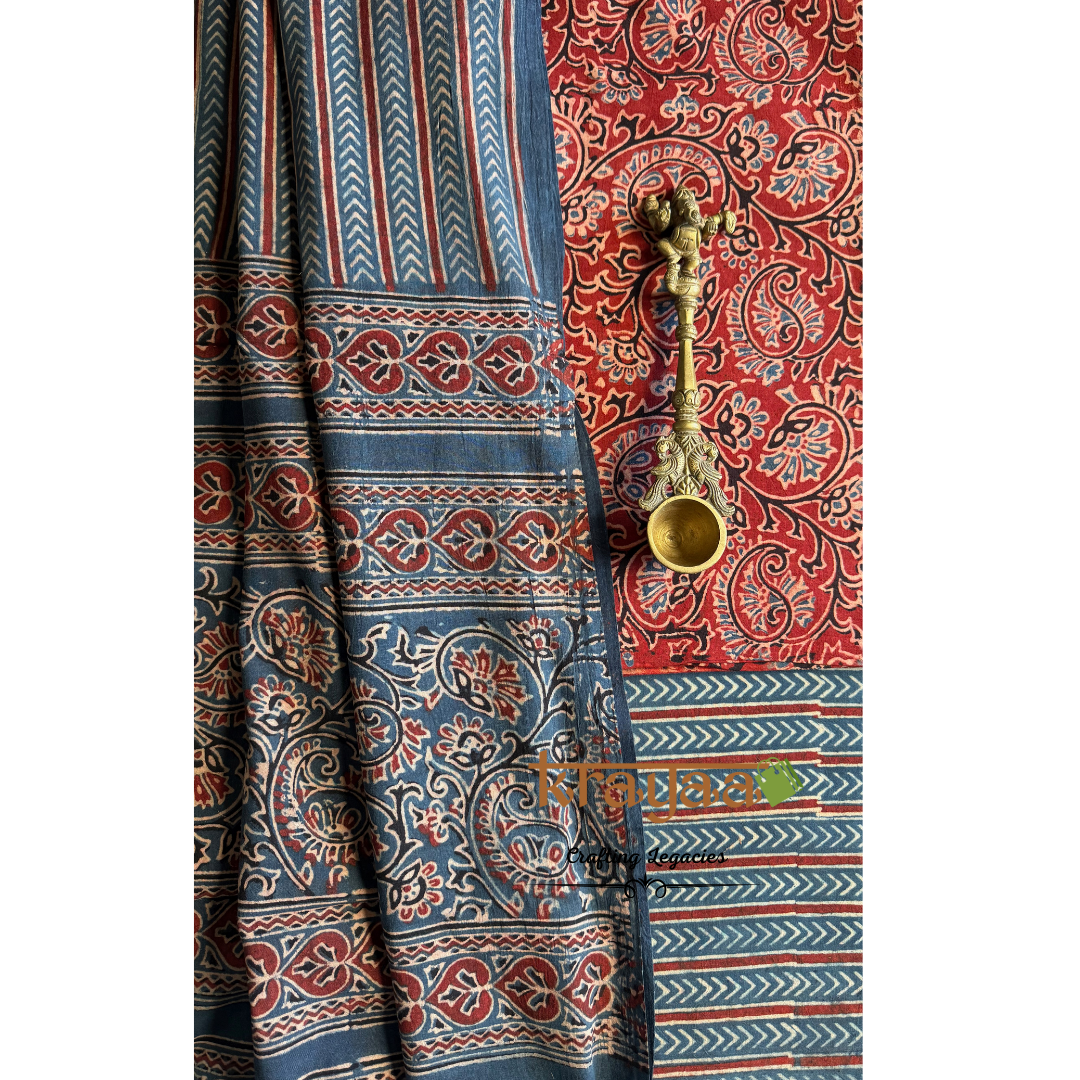 Red Natural Dyed Ajrakh Handblock Print - Unstitched Suit Set With Dupatta