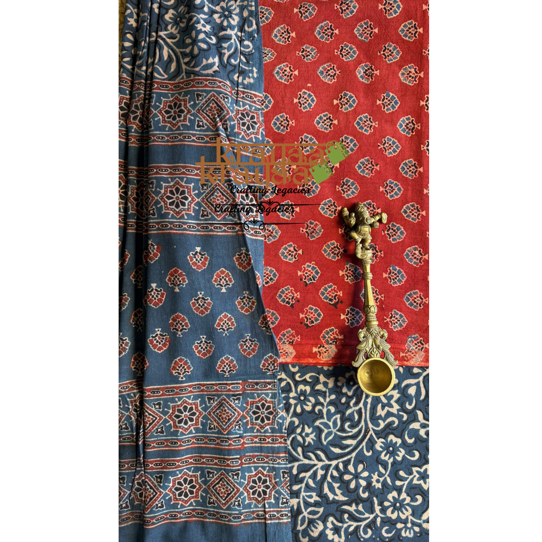 Red Natural Dyed Ajrakh Handblock Print - Unstitched Suit Set With Dupatta