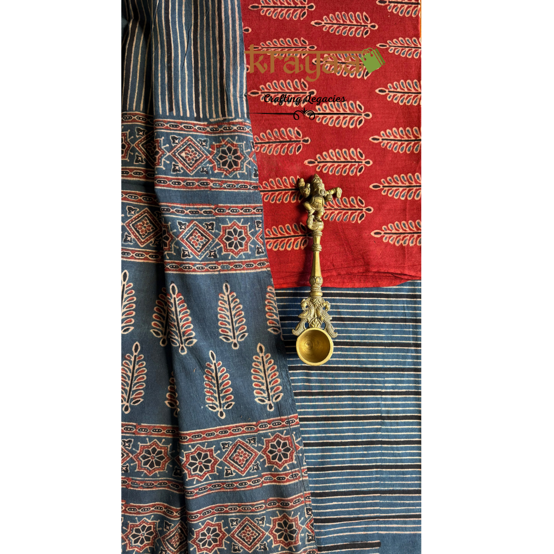 Red Natural Dyed Ajrakh Handblock Print - Unstitched Suit Set With Dupatta