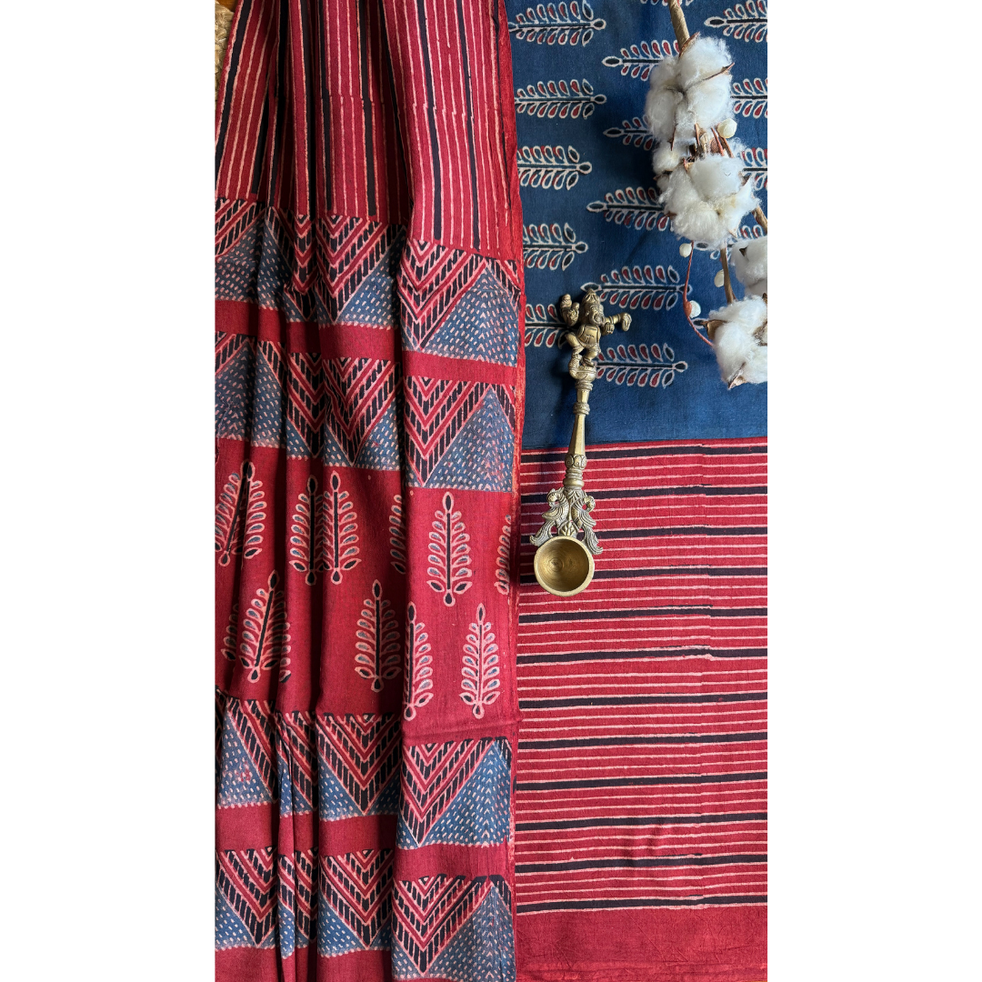 Blue Natural Dyed Ajrakh Handblock Print - Unstitched Suit Set With Dupatta