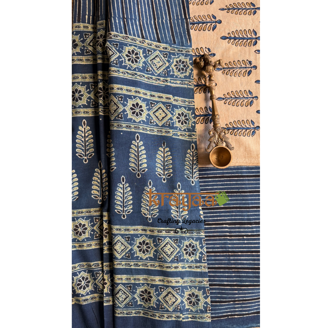 Biege Natural Dyed Ajrakh Handblock Print - Unstitched Suit Set With Dupatta