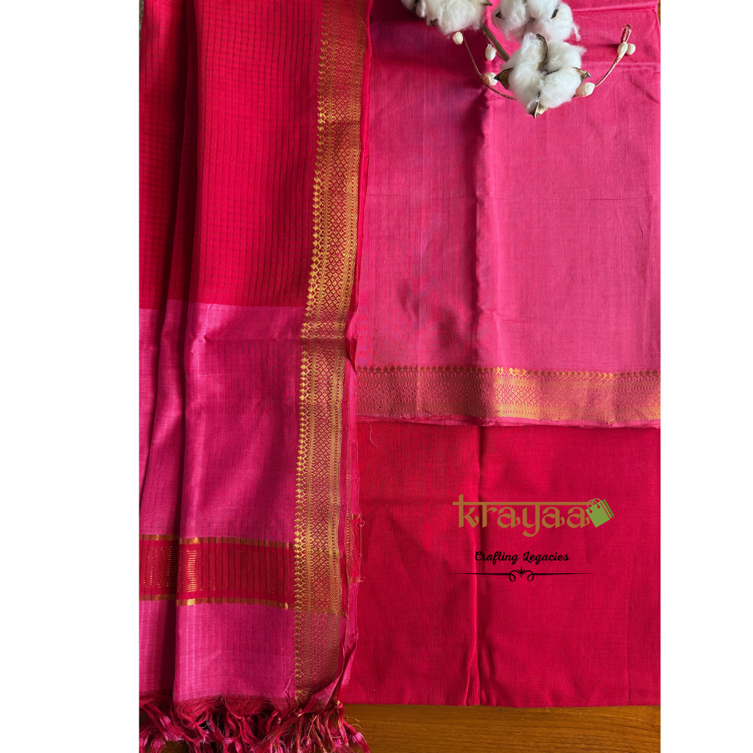 Pink and Red Mangalagiri Cotton Dress Material Set