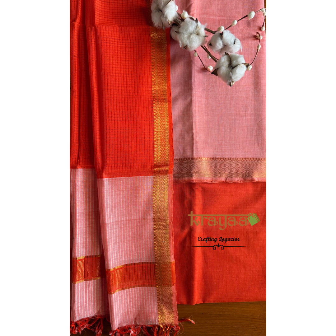 Aboli and Orange Mangalagiri Cotton Dress Material Set